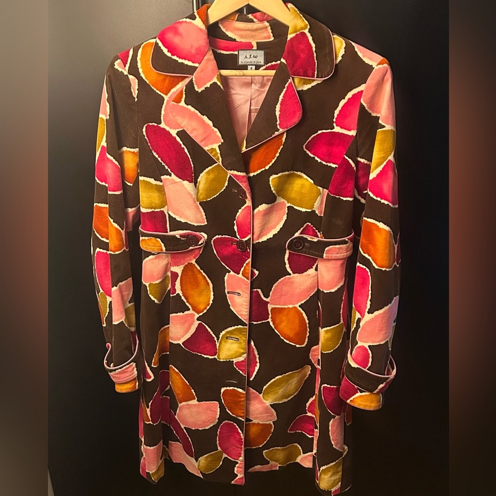 itw by Claude Brown M Colorful Pink Leaf Velvet Womens Coat Blazer/Trench-style